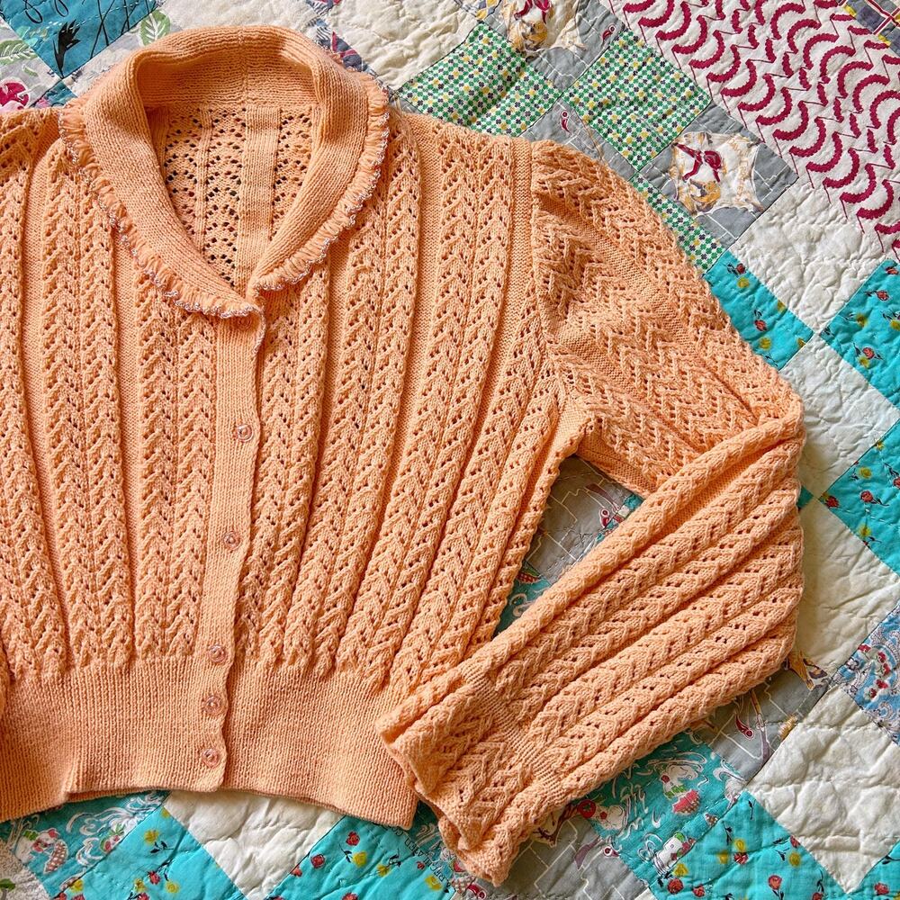 Vintage 40s/50s Creamsicle Hand Knit Ruffled Peaked Puff Sleeve Cardigan Sweater